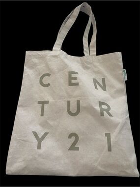 Beige Canvas Tote Bag with Olive Green Print